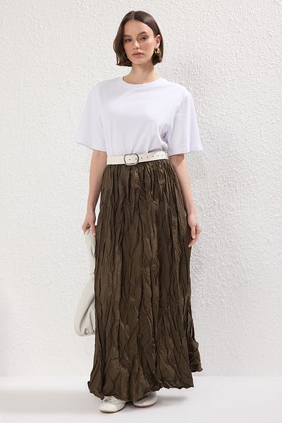 Trendyol Modest Khakifarbener, gewebter Rock aus gekräuseltem Stoff TCTSS25EE00016
