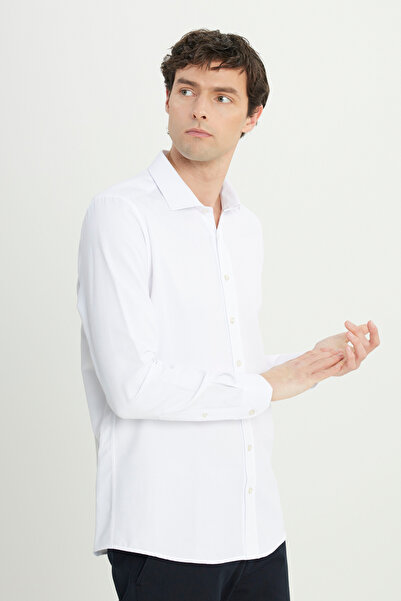 AC&Co / Altınyıldız Classics Erkek Beyaz Kolay Ütülenebilir Slim Fit Dar Kesim Italyan Yaka Armürlü Gömlek