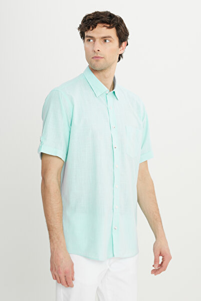 AC&Co / Altınyıldız Classics Ανδρικό πουκάμισο με κοντό μανίκι - Άνετη εφαρμογή, λινό look 100% βαμβάκι, γιακάς με κουμπί, φλόγα