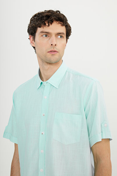 AC&Co / Altınyıldız Classics Ανδρικό πουκάμισο με κοντό μανίκι - Άνετη εφαρμογή, λινό look 100% βαμβάκι, γιακάς με κουμπί, φλόγα