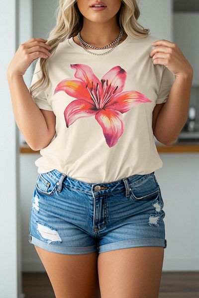 Trendyol Curve Übergroßes T-Shirt mit Blumendruck in Steinfarbe – TBBSS25BF00019