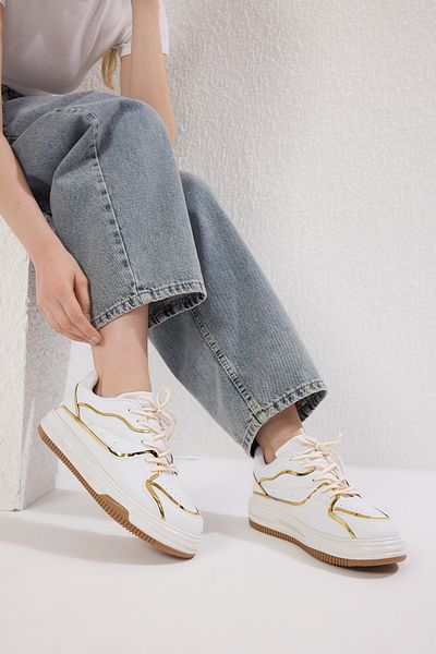 TRENDYOL SHOES White Metallic Gold Detailed Lace up Women's Sneakers Takss25Sn00036