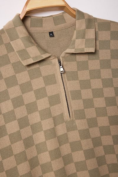 Trendyol Collection Nerzfarbenes Oversize-Polokragen-T-Shirt mit kariertem/kariertem Strick-Polokragen TMNSS25PO00035