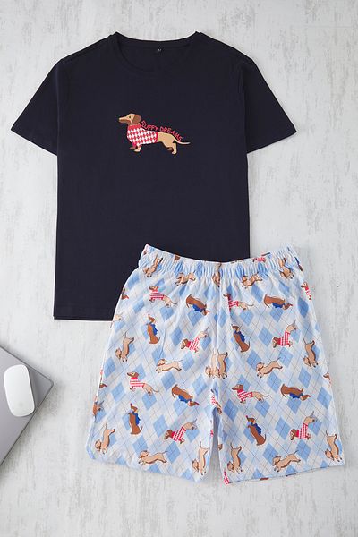 Trendyol Collection Marineblaues Familien-Pyjama-Set mit normaler Passform und Hundemotiv TMNSS25PT00066