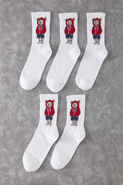 Trendyol Collection Unisex White Cotton Socks - College/Tennis/Medium with Teddy Bear, 5-Pack Tmnss25Co00015