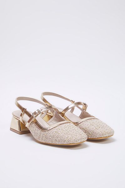 TRENDYOL SHOES Beige Tweed Square Toe Mary Jane Damen Blockabsatz Schuhe TAKSS25TO00023