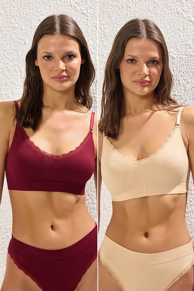 Trendyol Collection Seamless Bralette Bra with Burgundy Lace Detail - Thmss25Su00018