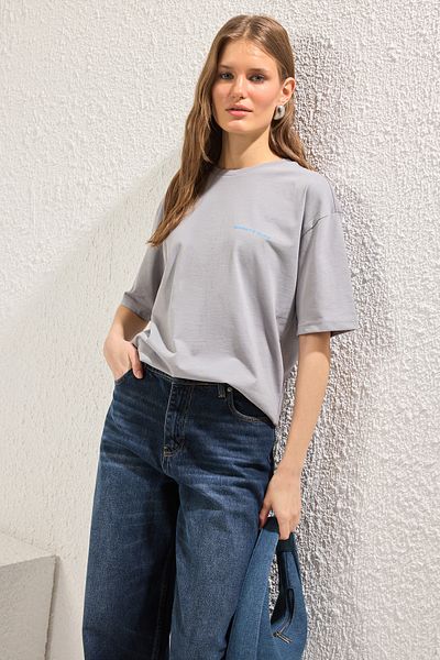 Trendyol Collection Gray Premium 100% Cotton Printed Relaxed/Comfortable Fit Knitted T-Shirt Twoss24Ts00172
