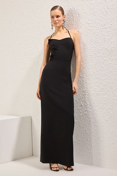 Trendyol Collection Μαύρο τριαντάφυλλο Λεπτομερές υφαντό μακρύ κομψό βραδινό φόρεμα νυχτερινής αποφοίτησης TPRSS25AE00164