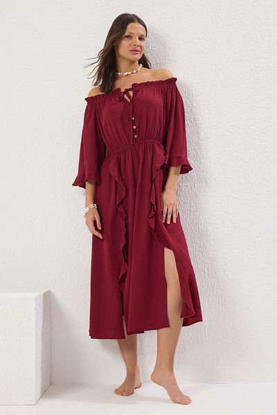 Trendyol Collection Rochie de plajă maxi țesută supradimensionată țesută burgundă TBESS25EL00122