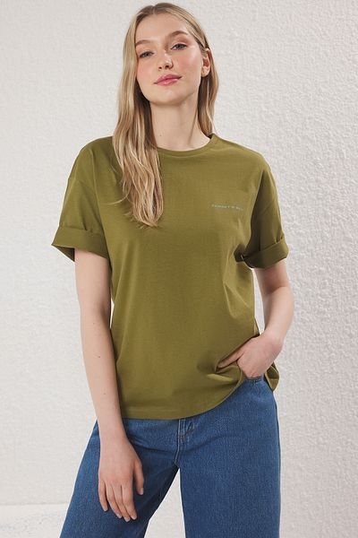 Trendyol Collection Khaki Premium 100% Cotton Printed Relaxed/Comfortable Fit Knitted T-Shirt Twoss24Ts00172