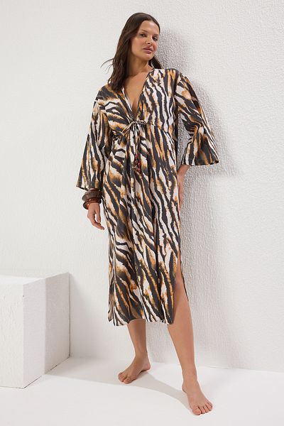 Trendyol Collection Zebra Print Maxi Woven Drawstring Detail Beach Dress Tbess25El00017