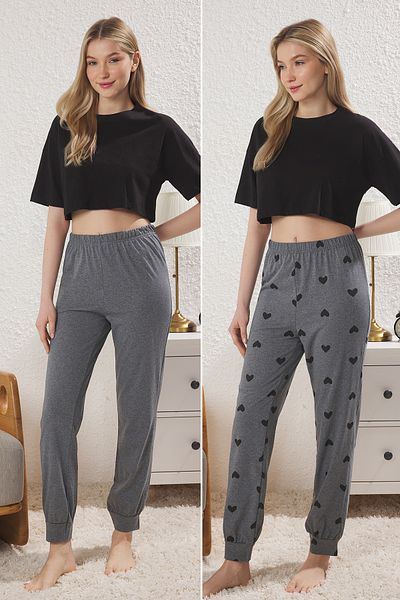 Trendyol Collection Antracit 2 csomagos szívvel kötött pizsama THMSS25PJ00017