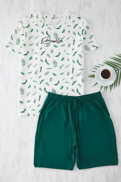 Trendyol Collection Πράσινο σετ πιτζάμες με κεντημένο σορτς με λεπτή εφαρμογή - Ecru TMNSS25PT00006