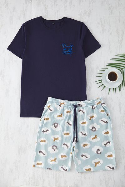 Trendyol Collection Σετ πιτζάμες με πλεκτό σορτς Navy Blue Regular Fit με σχέδιο σκύλου TMNSS25PT00010