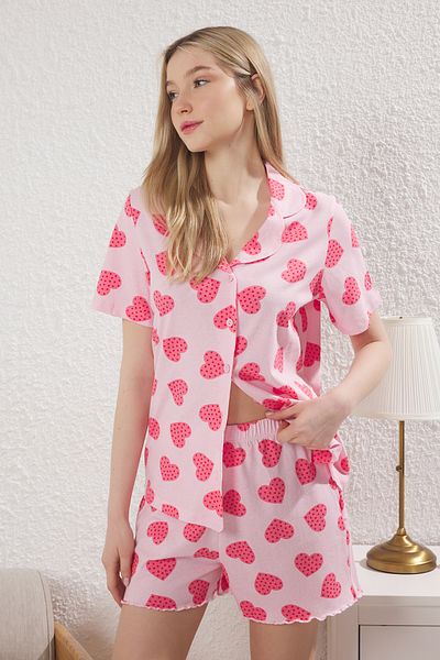 Trendyol Collection Pink 100% Cotton Heart Polka Dot Shorts Pajamas Set Thmss25Pt00301