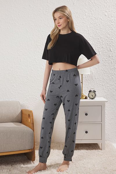 Trendyol Collection Antracit 2 csomagos szívvel kötött pizsama THMSS25PJ00017