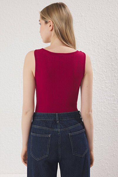 Trendyol Collection Burgundy Buttoned Regular/Normal Fit Knitted Bodysuit Twoss25Bd00013