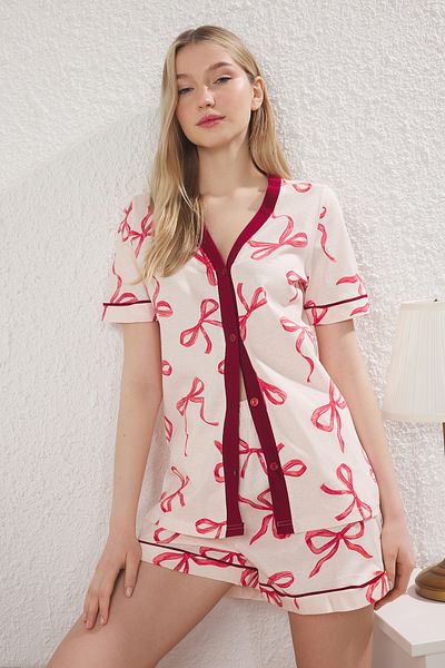Trendyol Collection Pink-Multicolor 100% Cotton Ribbon/Bow Bias Knitted Pajamas Set with Shorts Thmss25Pt00372