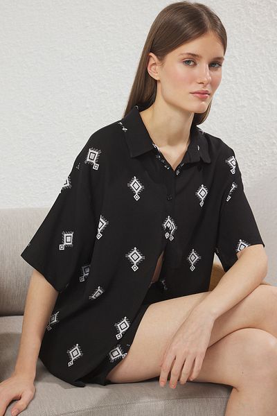 Trendyol Collection Black Ethnic Patterned Woven Pajamas Set with Shorts Thmss25Pt00340