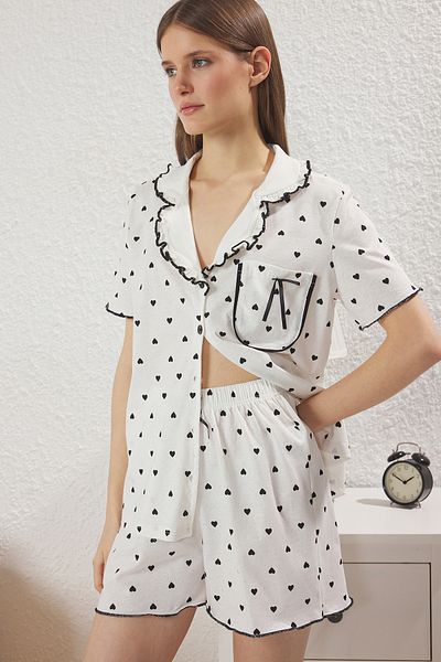 Trendyol Collection Λευκή καρδιά βολάν μονό ζέρσεϋ με σορτς πλεκτό σετ πιτζάμες THMSS25PT00264