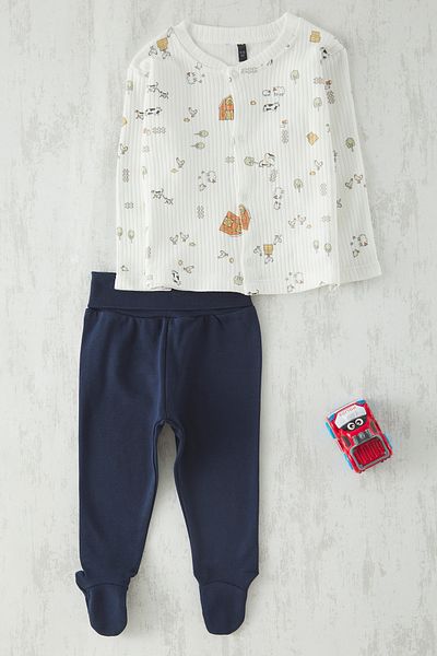 TRENDYOLKIDS Unisex 100% Cotton Printed T-Shirt Ecru 002 Leggings Top and Bottom Set Tkdss25Au00104