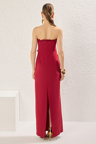 Trendyol Collection Vínové rovné rovné střapcové tkané maxi večerní šaty a šaty pro návrat domů
