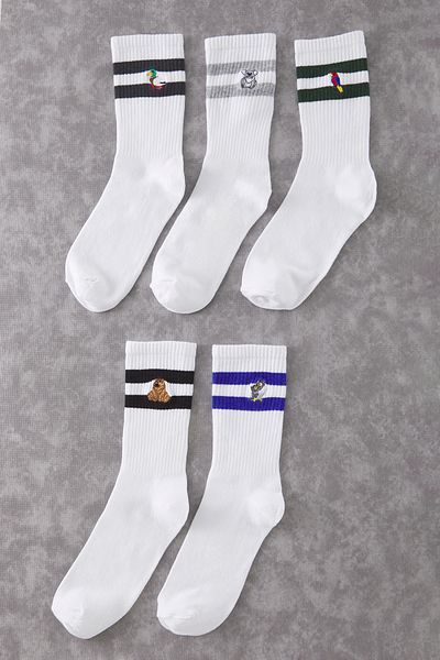 Trendyol Collection Unisex White Embroidered Cotton Striped College Tennis Mid Length Socks Set of 5 - Tmnaw25Co00022