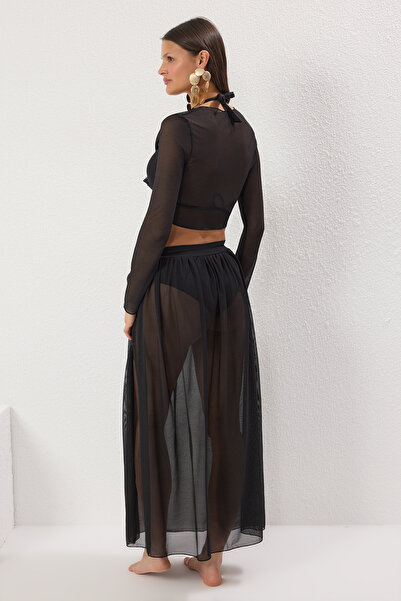 Trendyol Collection Sheer Black Crop Blouse and Skirt Set - Tbess25Au00046