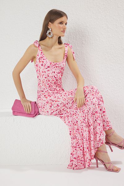 Trendyol Collection Multicolor Straight Lacing Detail Maxi Abstract Printed Lacing Detail Stretchy Knitted Dress Twoss25El00679