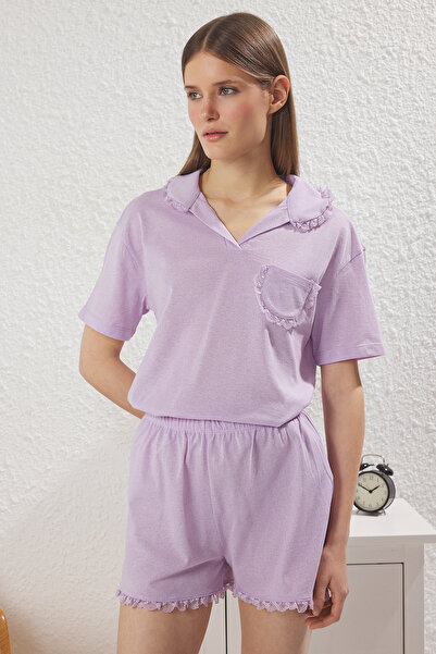 Trendyol Collection Lila pamučni set pidžama za trudnice: kratke hlače sa dže...