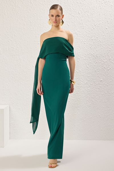 Trendyol Collection Smaragdgrünes, gerades, gewebtes Finike-Maxikleid für Abend und Heimkehr