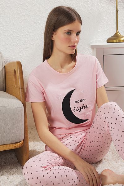 Trendyol Collection Light Pink Cotton Galaxy Pajamas Set Slogan Printed Thmss25Pt00385