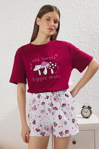 Trendyol Collection Set pijamale 100% bumbac cu modele pentru timp liber Roșu Claret THMSS25PT00393
