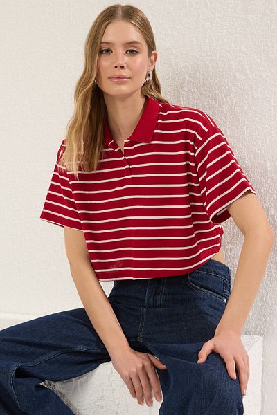 Trendyol Collection Comfortable Fit Red Striped Crop T-Shirt - Twoss25Ts00109