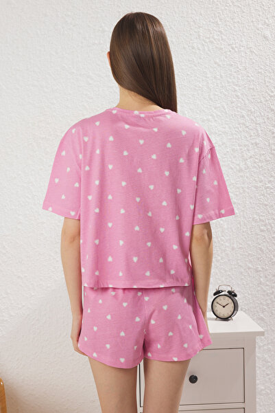 Trendyol Collection Růžové 100% bavlněné srdce šortky Pletené pyžamo Set THMSS24PT00029