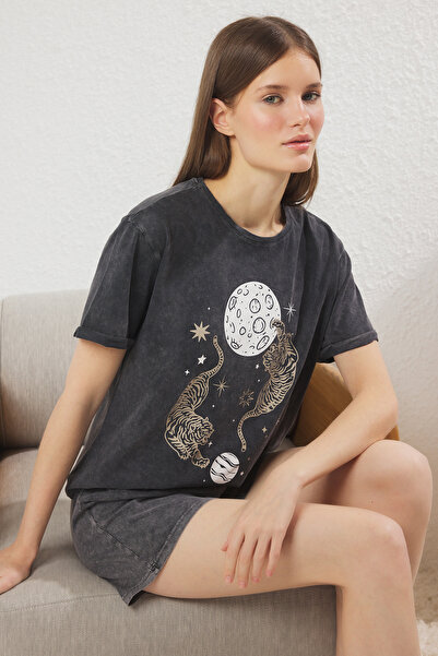 Trendyol Collection 100% Cotton Anthracite Washed Pajama Set Galaxy and Animal Print