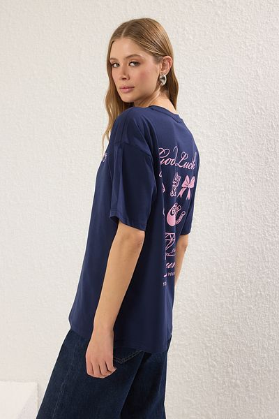 Trendyol Collection 100% Cotton Navy Oversize Printed T-Shirt - Twoss25Ts00145