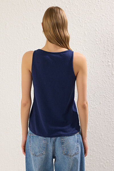 Trendyol Collection Navy Blue Linen Look Pool Collar Regular/Normal Fit Knitted Undershirt Twoss25Al00036