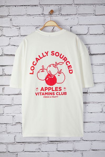 Trendyol Collection  Ecru Plus Size Oversize Modlitewne Koraliki Owocowe Nadrukowane 100% Bawełna T-shirt