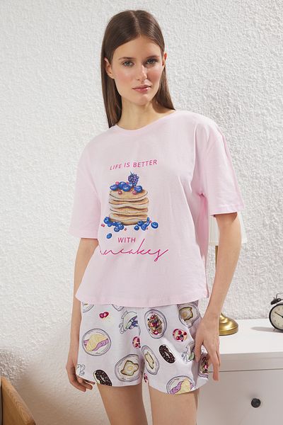 Trendyol Collection Pink 100% Cotton Leisure Pattern Pajamas Set Thmss25Pt00393