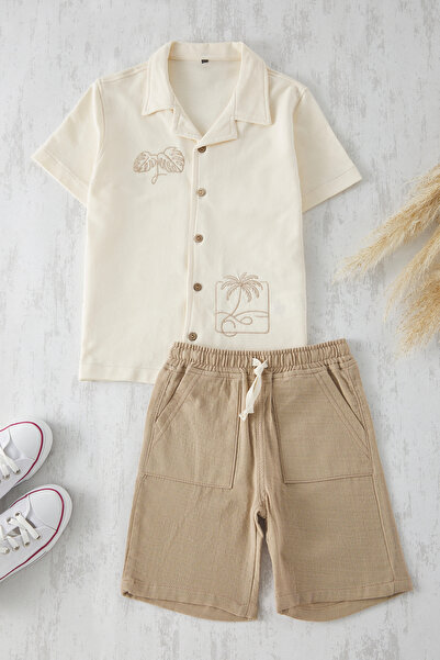 TRENDYOLKIDS Beigefarbener, kurzärmliger, gestrickter Unter- und Oberteilanzu...