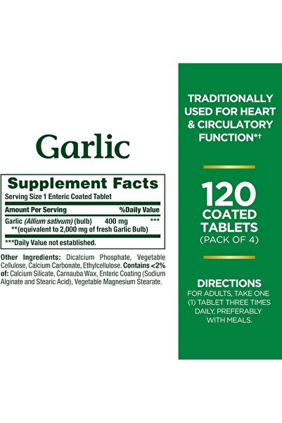 Nature's Bounty Garlic Tablets, Heart Health, 2000 Mg, Order Free Coated Tablets, 120 Ct