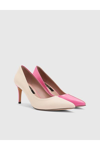 İLVİ Yuliya Genuine Leather Women's Pink Cream Heeled Shoes