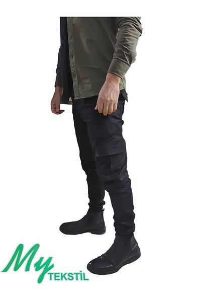 MY TEKSTİL Men's Cargo Pants Lycra Slim Fit Black Straight Leg