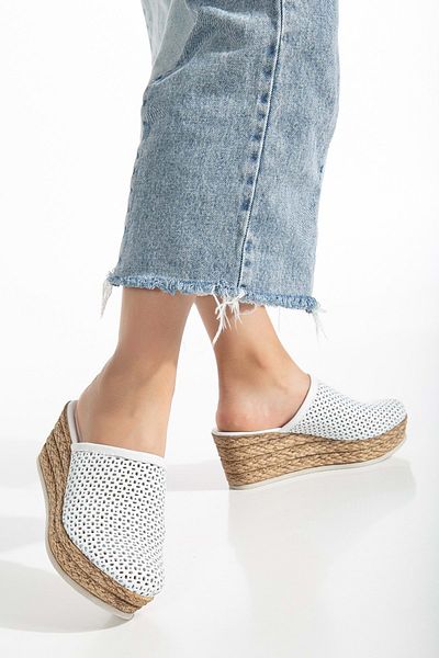 ANALİN SHOES White Closed Toe Wedge Heel Women's Slippers - Genuine Leather
