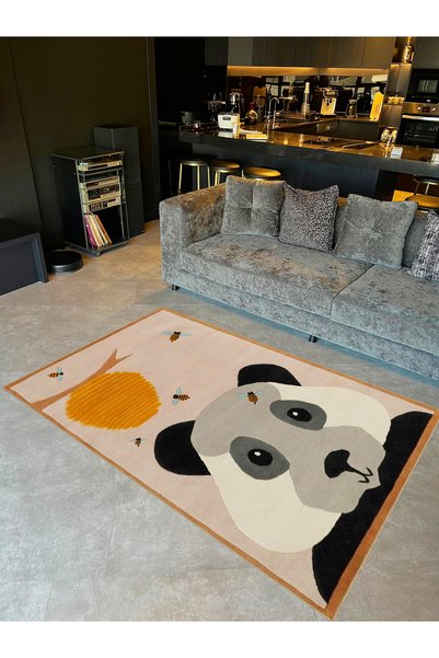 Rugs Modern Halı Seda Collection Cute Panda and Bees Patterned Woven Base Mod...