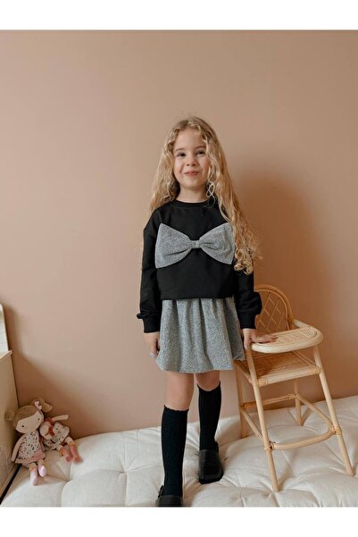 MİNİKO KİDS Girl's Bow Model Silvery Skirt Suit