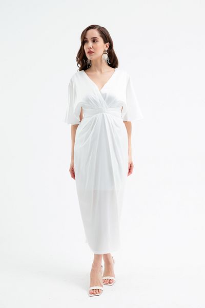 Lafaba Women's White V Neck Flared Sleeves Midi Dress