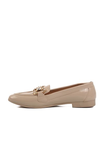AYAKMOD Beige Patent Leather Buckle Women's Ballerinas
